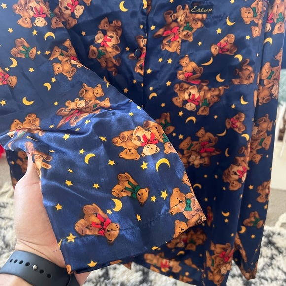 Vintage Women’s Esleep Large Navy Button Up Top With Teddy Bears Satin Sleepwear - Picture 7 of 11